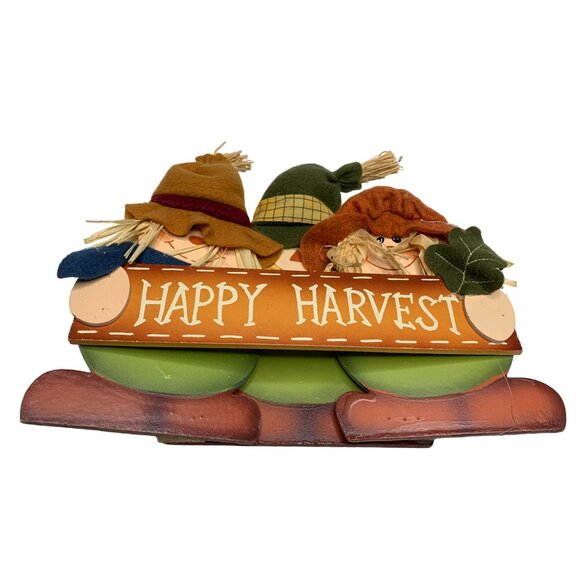 Happy Harvest Sign Scarecrow Family 11x9x3 Fall Halloween Decoration Stand Up - Picture 2 of 3